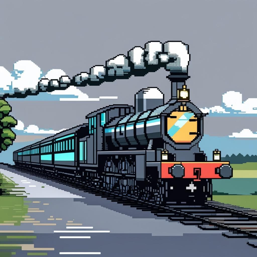 Pixel-art UK steam train in the countryside